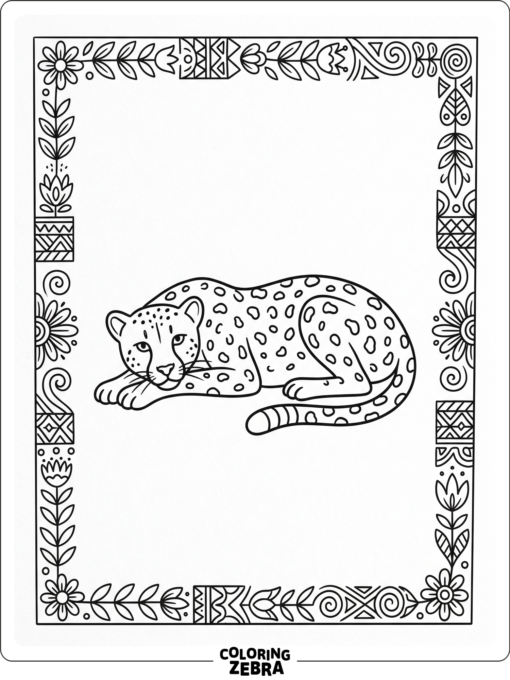 A cheetah resting inside a simple border
