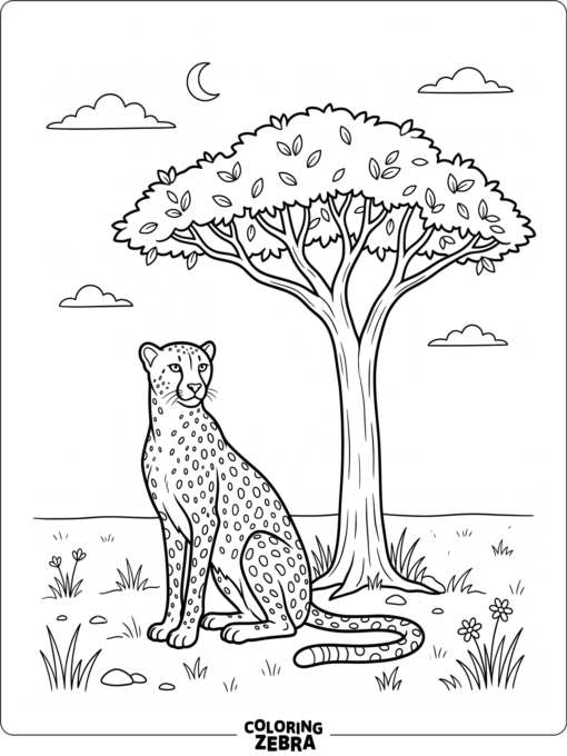 A cheetah sitting by a tree