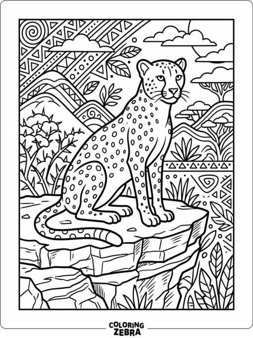 A cheetah on a rocky ledge with pattern accents