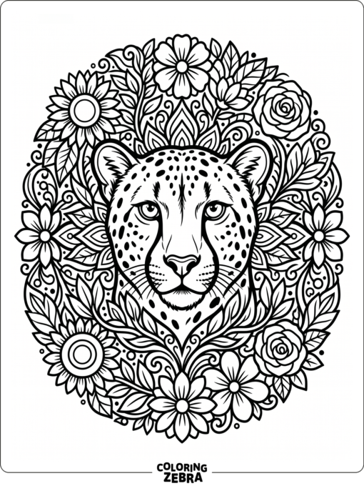 A cheetah face surrounded by mandala flowers
