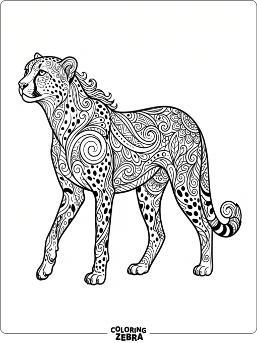 A cheetah with zentangle swirls and dot patterns