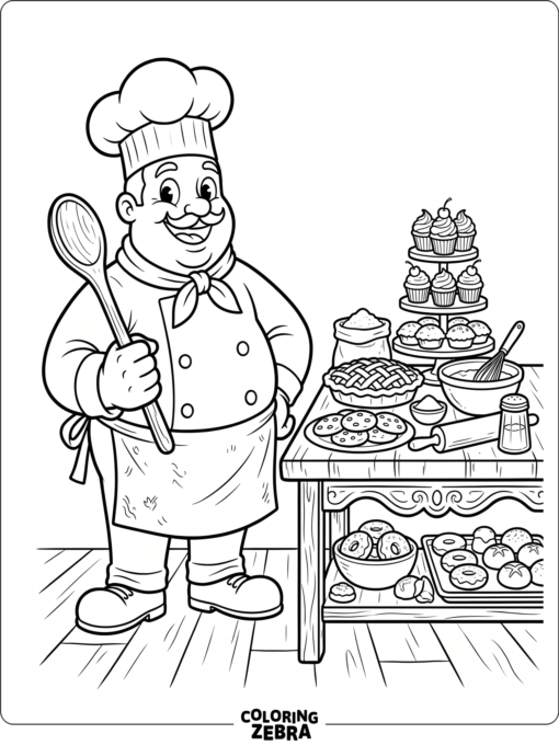 Chef Saltbaker beside a pastry table