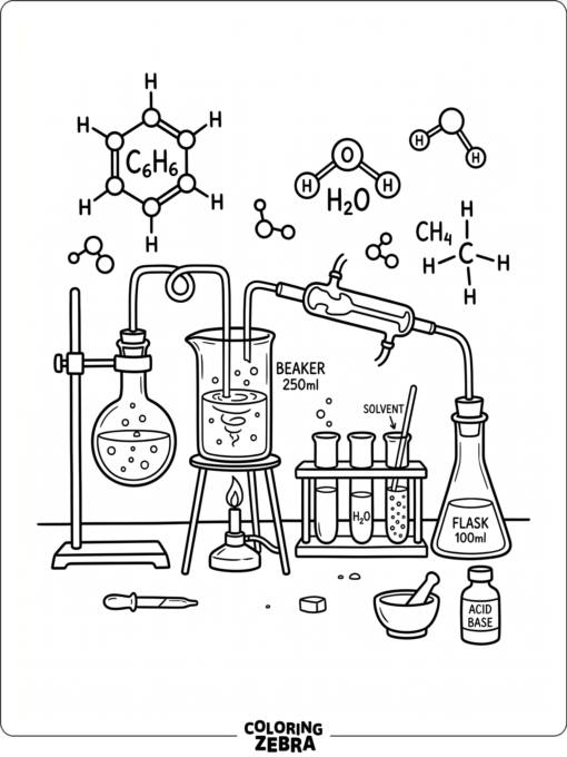 Un montaje de química con vasos de precipitados y moléculas