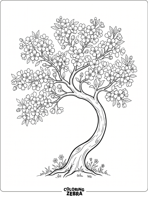 A cherry blossom tree with soft flowers and a curved trunk