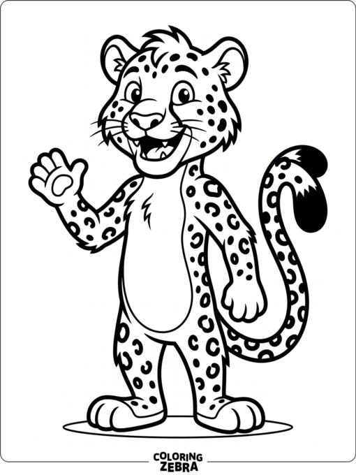 A cartoon cheetah mascot with a big grin