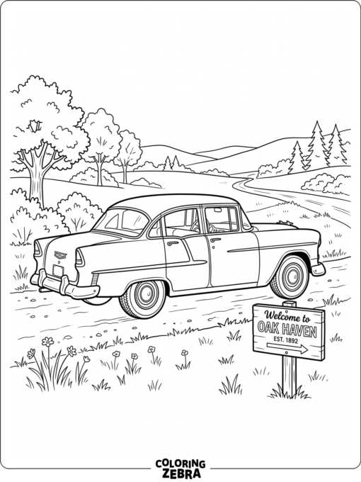 A simple Chevrolet sedan parked by a sign