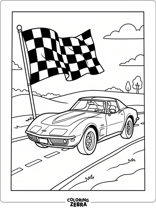 A Chevrolet Corvette cruising beside a checkered flag