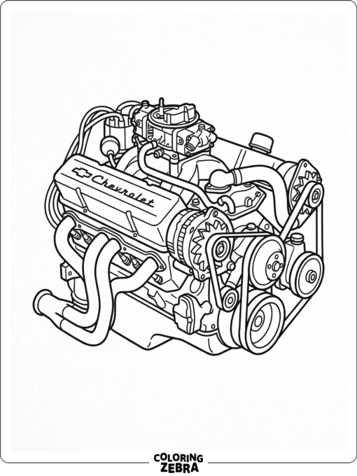 A Chevrolet engine with belts and pipes
