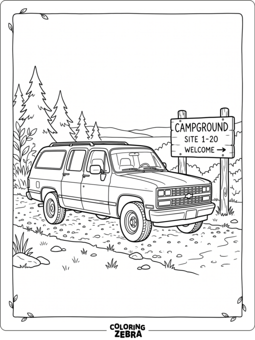 A Chevrolet Suburban parked near a campground sign
