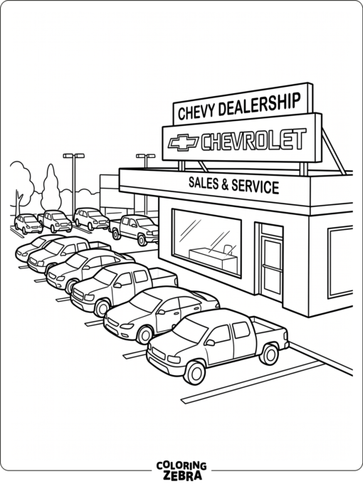 A Chevy dealership with parked cars