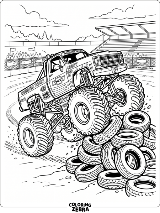 A Chevy monster truck over stacked tires