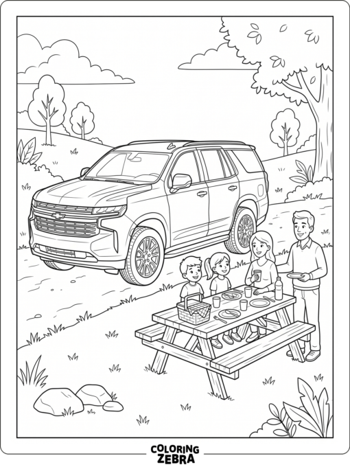A Chevy Tahoe SUV beside a picnic table