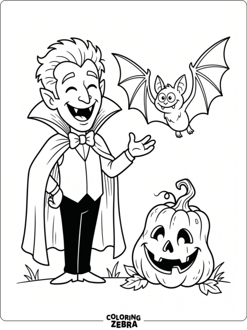 A funny Dracula grinning with a goofy bat and pumpkin