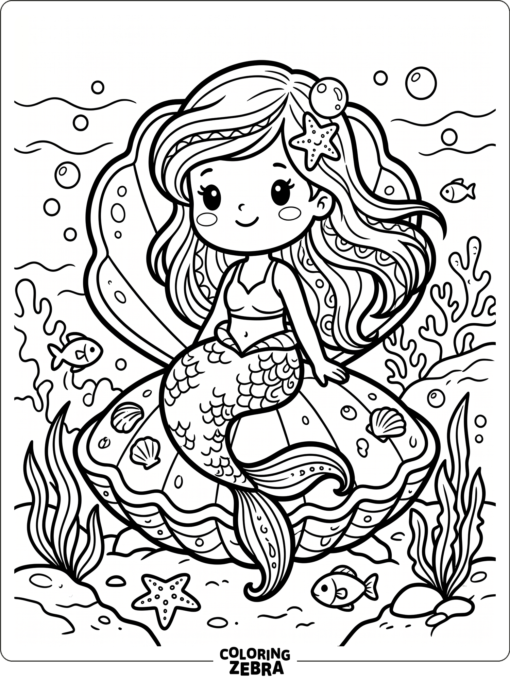 A chibi mermaid sitting on a clam shell