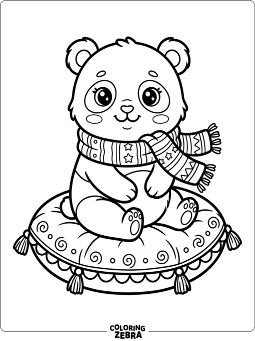 A chibi panda in a scarf sits on a cushion