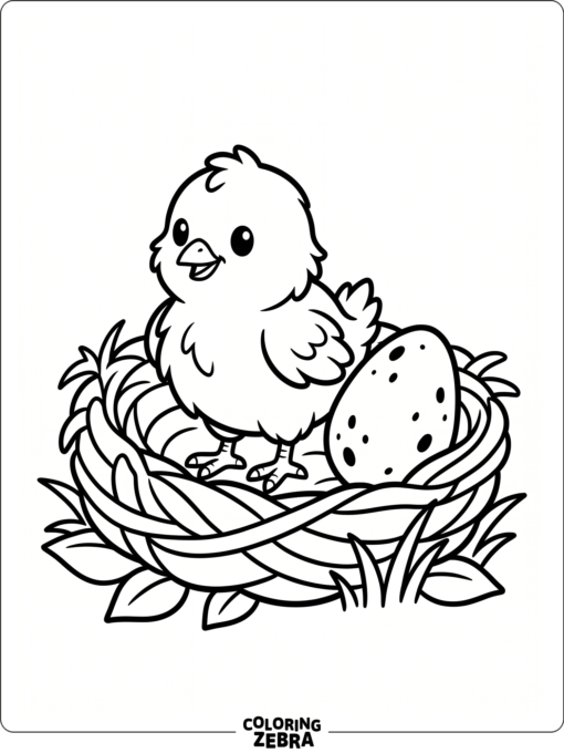 A chick beside a cracked eggshell in a nest