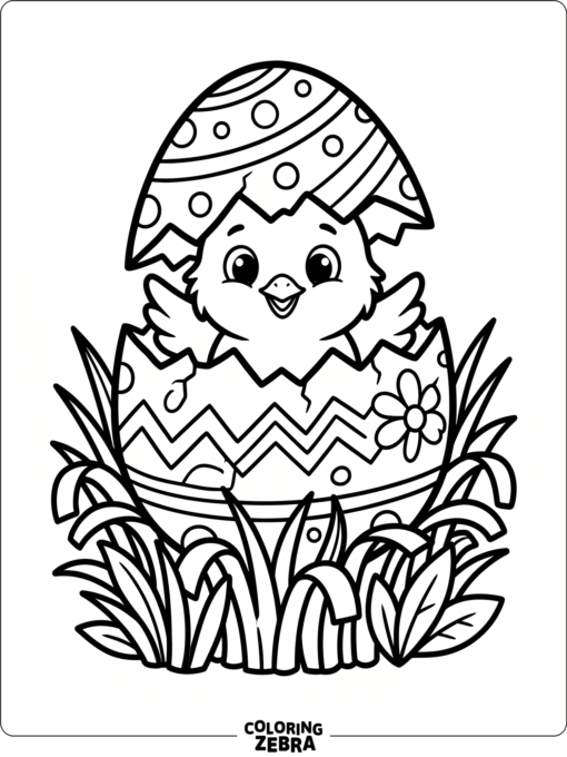 A fluffy chick peeks out of a cracked egg shell