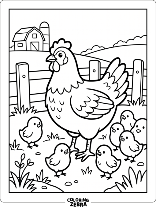 A hen with several chicks in a farmyard