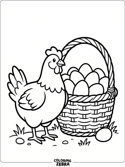 A hen standing beside a basket of eggs