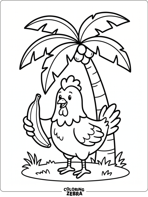 A chicken holding a banana near a palm tree