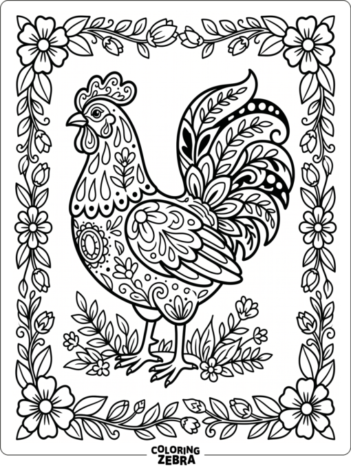 An ornate chicken with floral border details