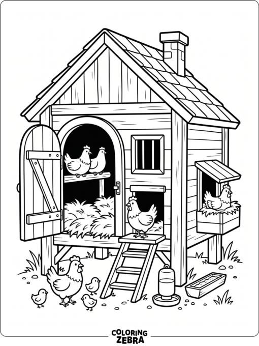 A wooden chicken coop with straw and a perch