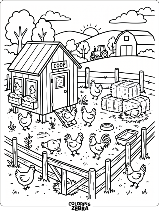 A farm coop with chickens and hay bales