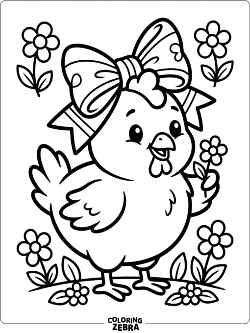 A cute little chicken with a bow and flowers