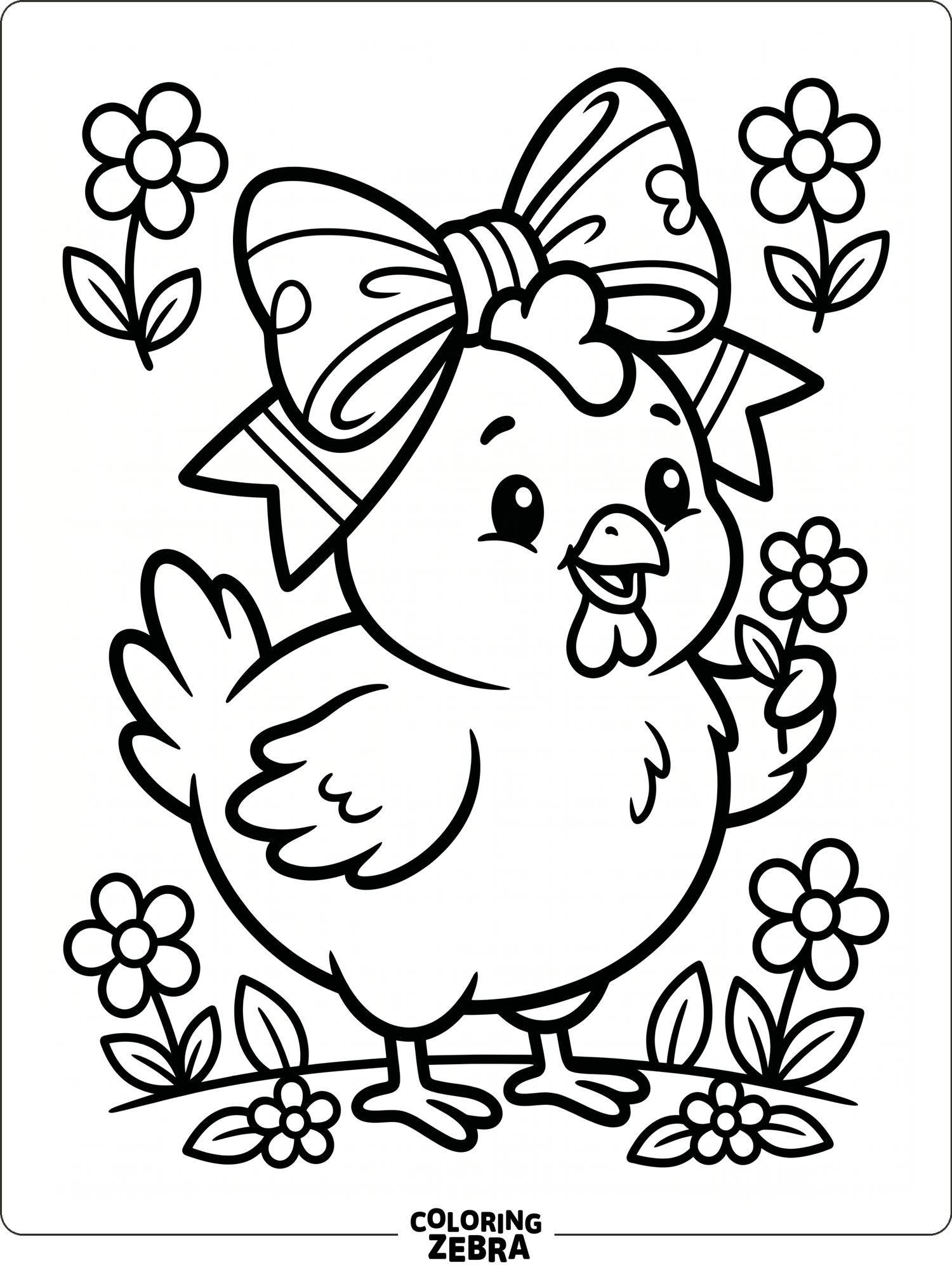 A cute little chicken with a bow and flowers