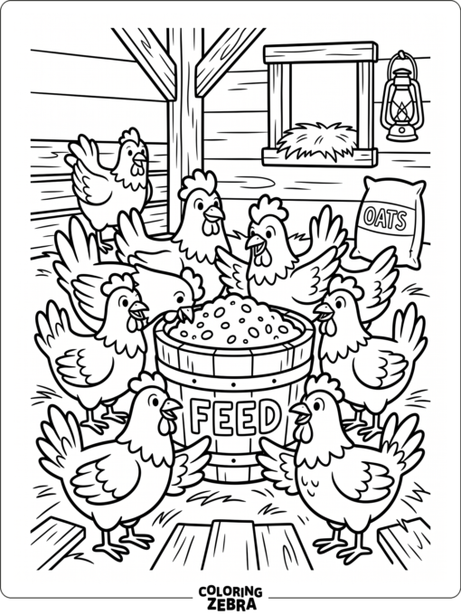 A lively group of chickens gathers around a feed bucket