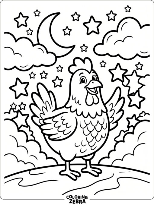 A chicken under stars and clouds