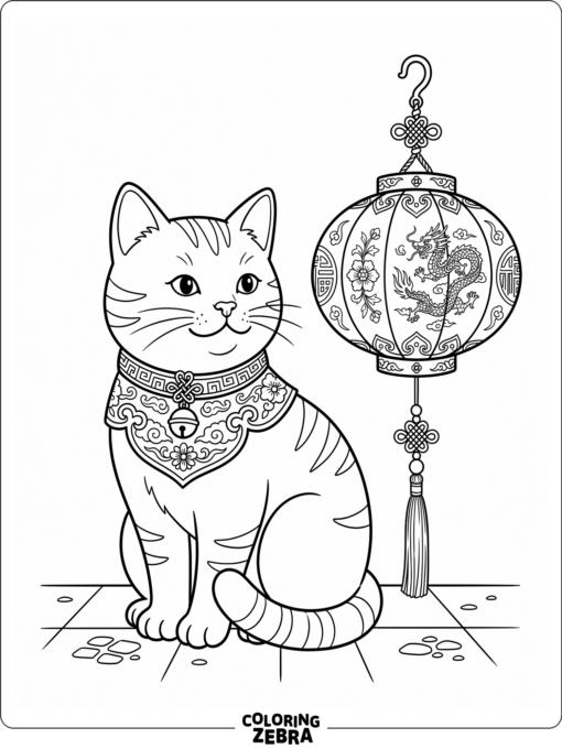 A Chinese-style cat beside a lantern