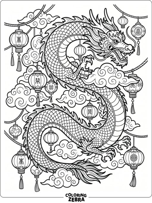 A Chinese dragon winding through clouds