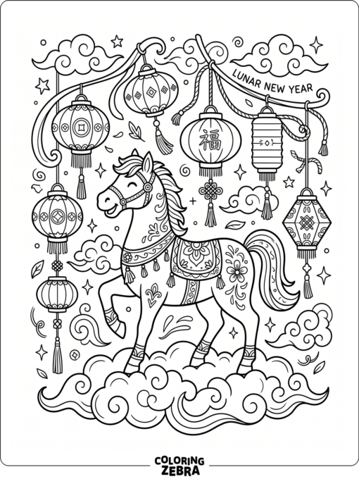 A horse with lanterns and clouds for Lunar New Year