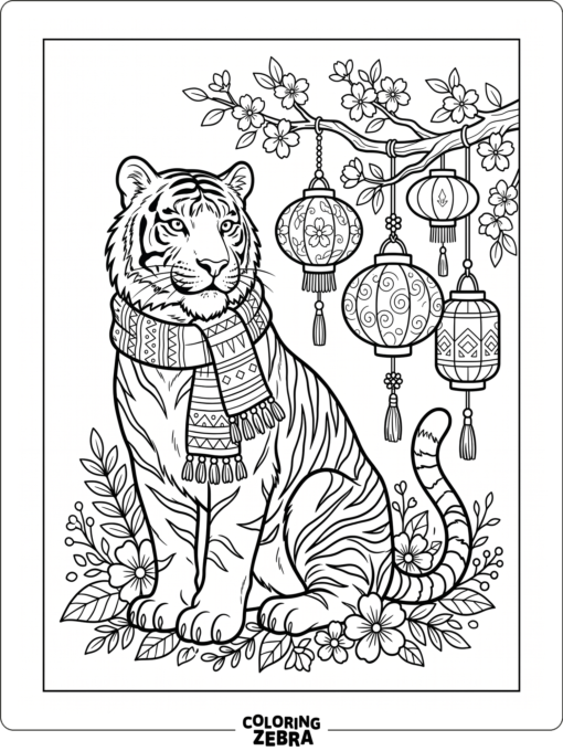 A tiger with lanterns and spring blossoms