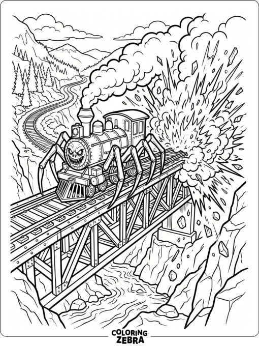Spider train crossing a bridge with an explosion behind