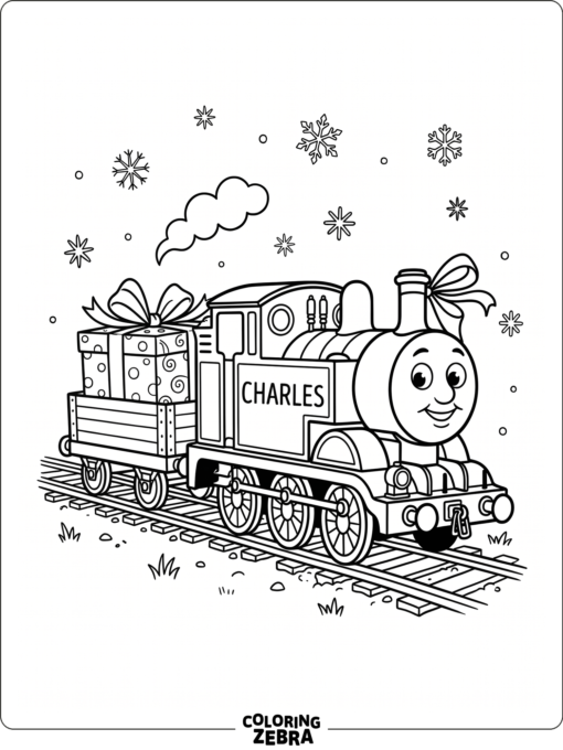 Charles the Train with a gift and snowflakes