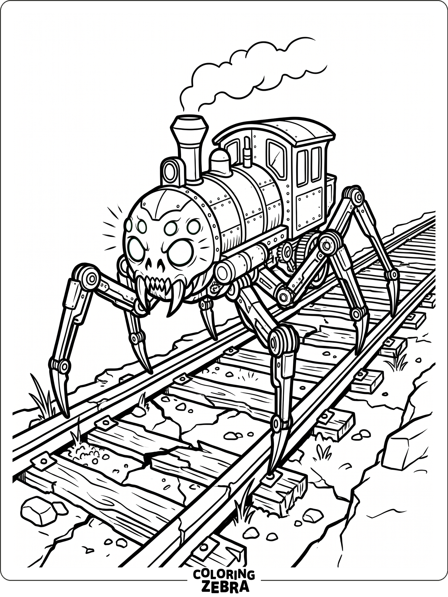 Spider train with glowing eyes on broken tracks