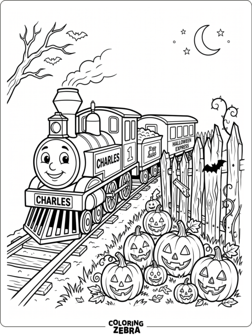 Charles the Train with pumpkins and a spooky fence