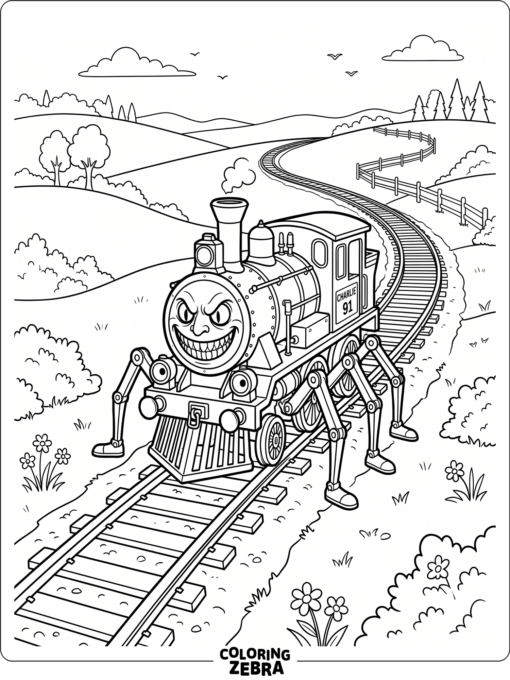 Spider train on long railroad tracks