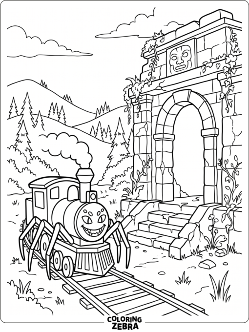 Spider train beside an ancient stone temple