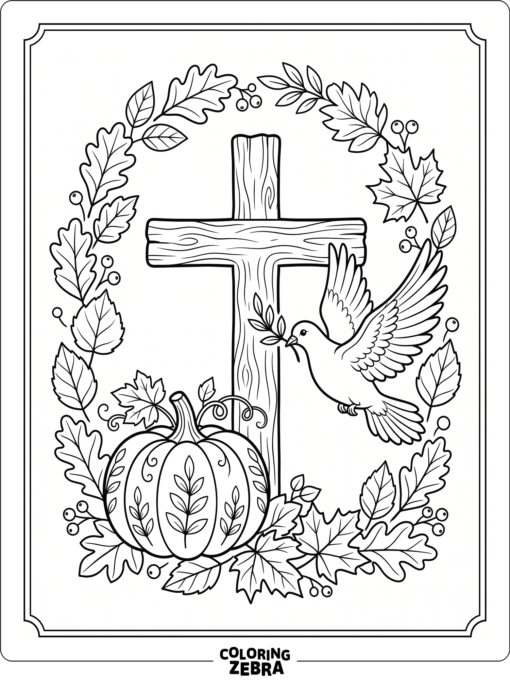 Faith-themed Halloween scene with a cross and leaves