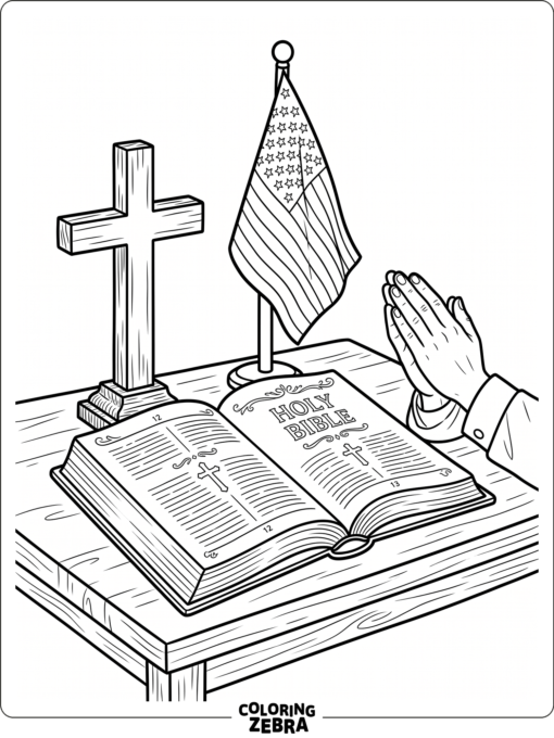 Bible and flag with praying hands