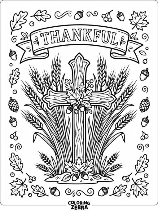 A cross with wheat stalks and a thankful banner
