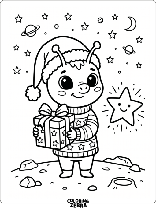 A festive alien in a Santa hat holding a gift
