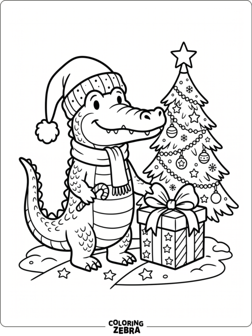 An alligator in a Santa hat beside a gift