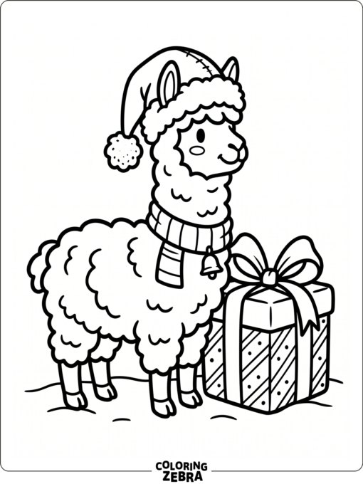 An alpaca in a Santa hat beside a gift