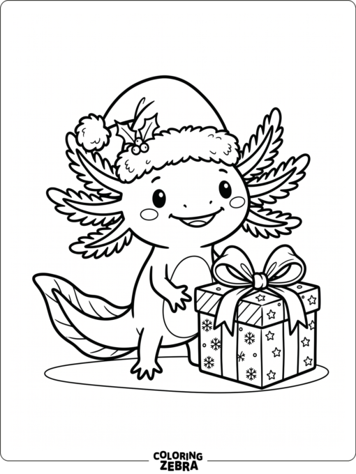 An axolotl in a Santa hat beside a gift