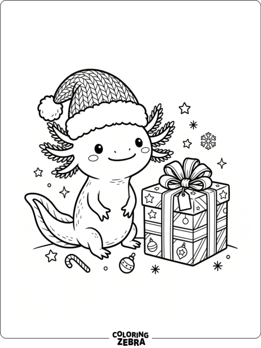 An axolotl in a Santa hat beside a present
