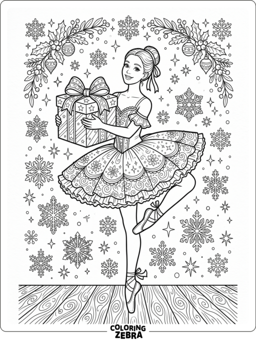 Jullballerina med en present och snöflingor